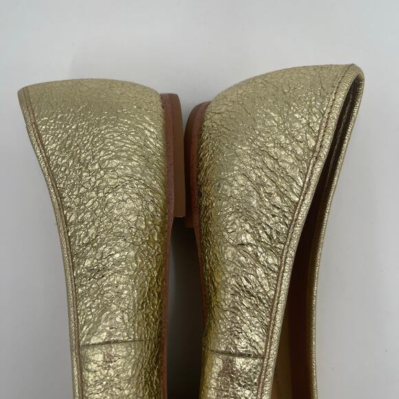 TORY BURCH Laila 2 Driver 7.5 Flats Crinkle Sparkle Gold Shoes Bow Leather - Picture 6 of 14